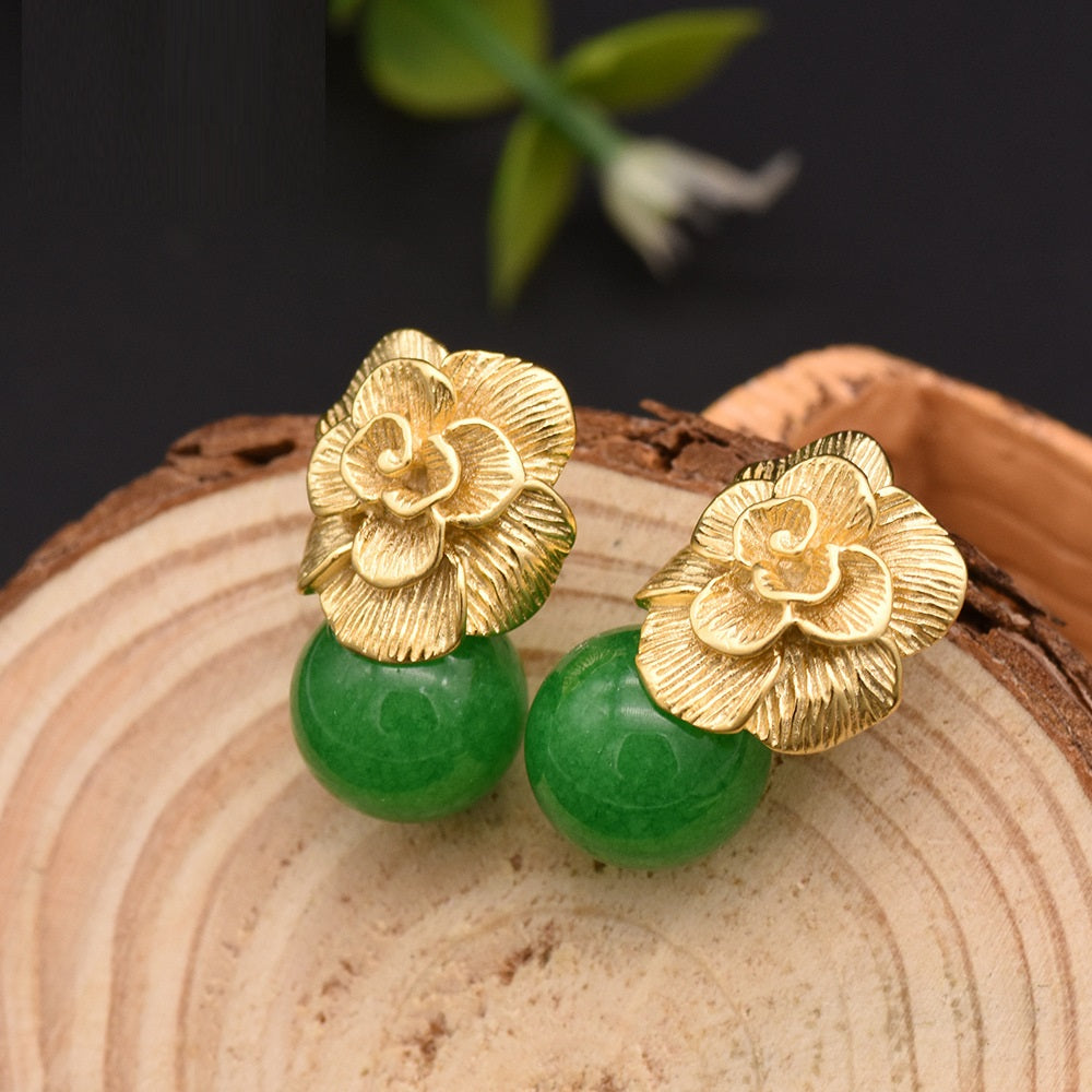 Pendientes retro de jade de alta calidad con perlas